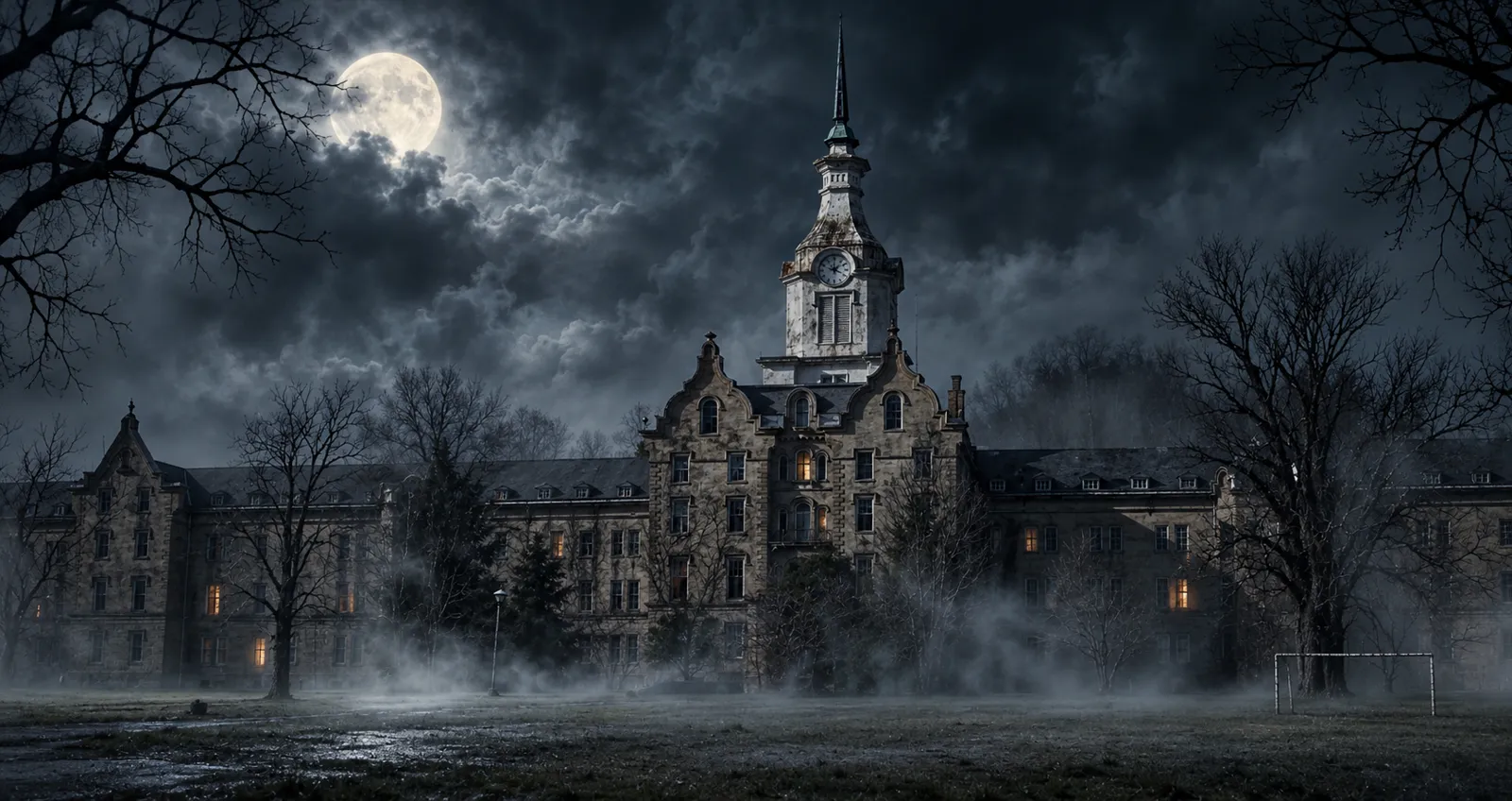 An illustration of the asylum under a full moon with fog drifting across the lawn